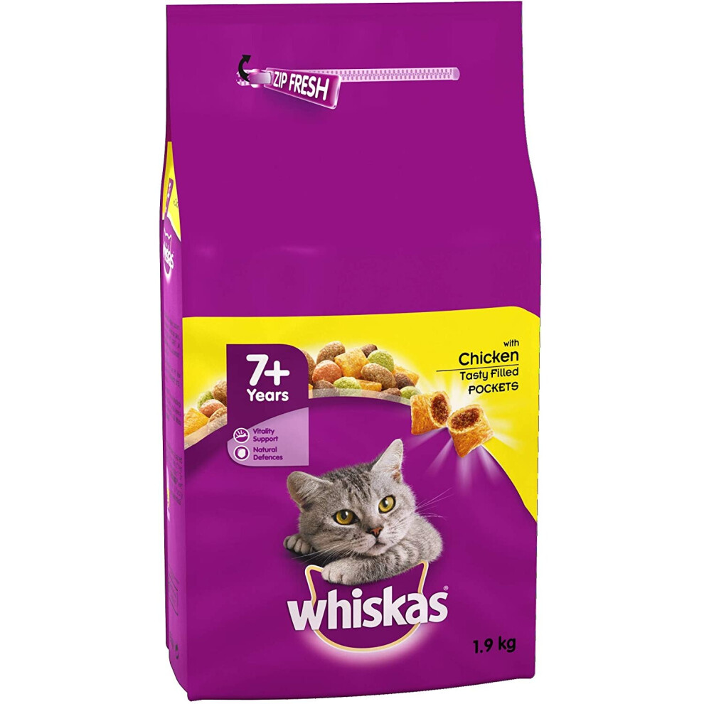 Whiskas 7+ Dry Cat Food for Senior Cats with Chicken, 4 bags (4 x 1.9 kg)