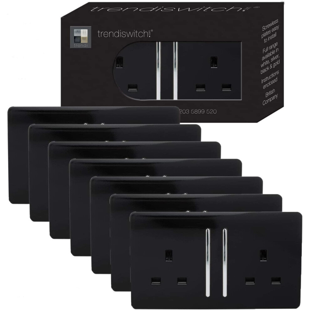 Trendi 2 Gang Artistic Modern Glossy 13 Amp Switched Tactile Long Plug Socket Black Trade Pack (x7) ART-SKT213LBKx7