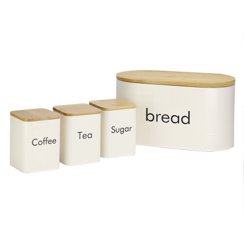 Cream Kitchen Canister Set & Bread Bin with Airtight Bamboo Lids - 4-Piece (Tea, Coffee, Sugar) | Maison & White