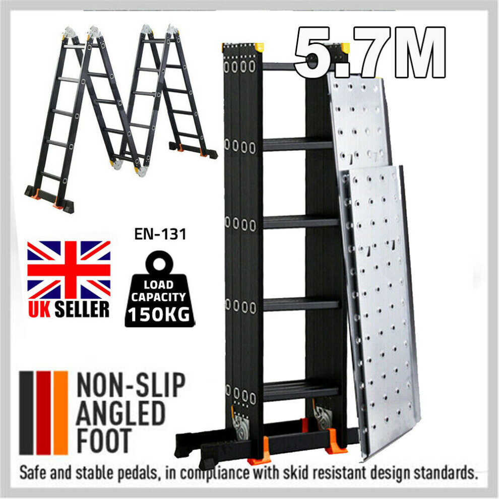 5.7M Multi Purpose Aluminium Folding Step Ladder W/2 Scaffold Platform