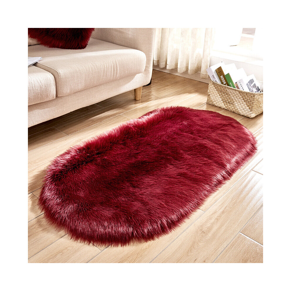 (Red wine) 40*60CM Faux Fur Fluffy Anti-Skid Area Rug Oval Floor Carpet Bedroom Floor Mat