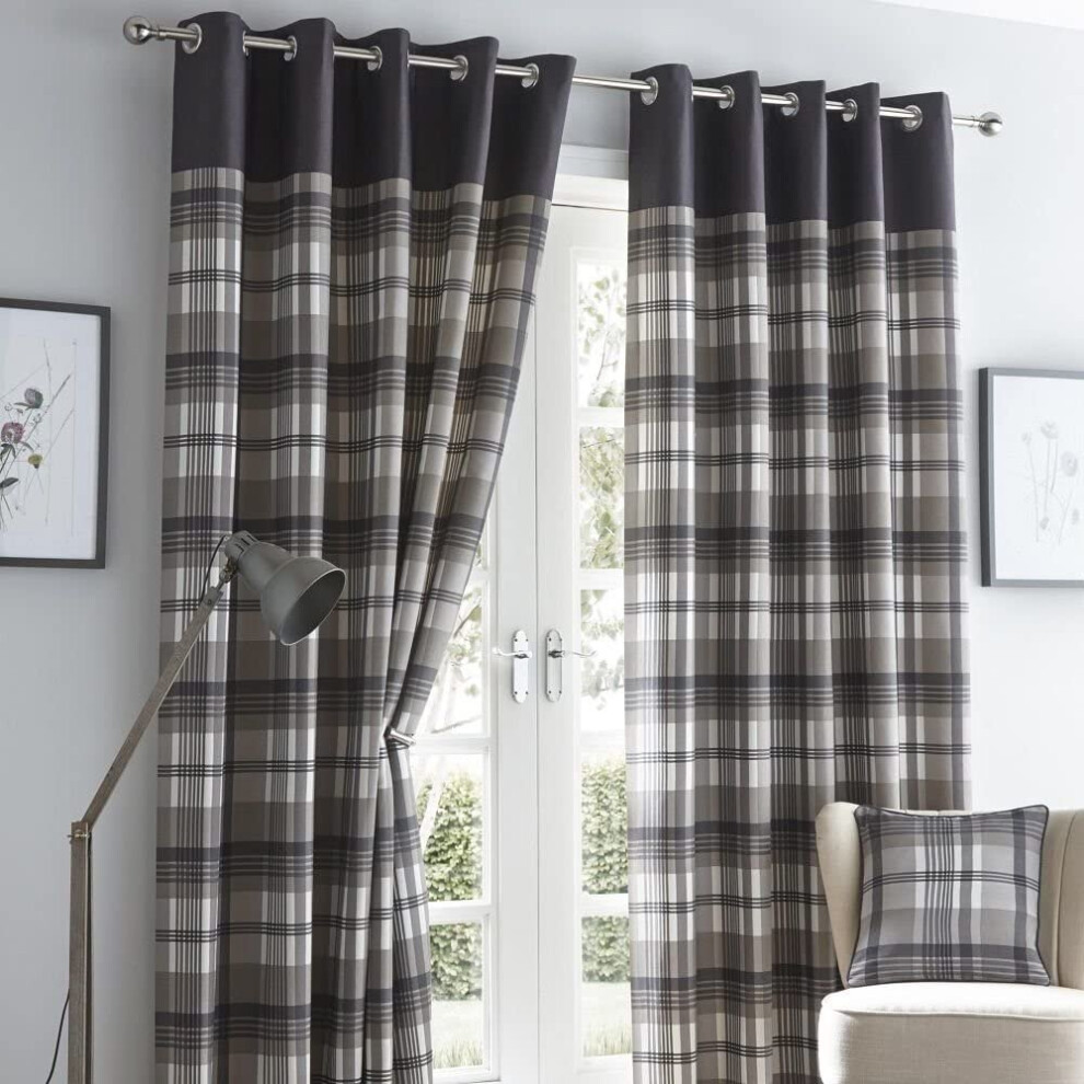 Portfolio Orleans Tartan Check Eyelet Fully Lined Curtains, Grey, 66 x 72"