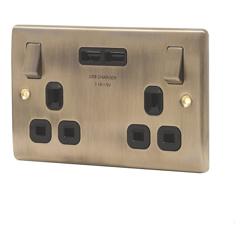 Bg Electrical Nab22u3b Nexus Metal Antique Brass Double Switched 13A Power Socket With Usb Charging - 2X Usb Sockets (3.1A) Black Insert - 5 Pack 5050765142663