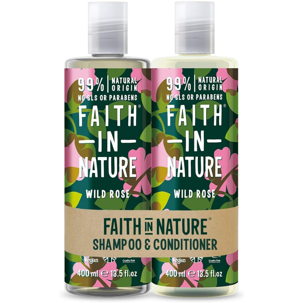Faith In Nature Natural Wild Rose Shampoo and Conditioner Set, Restoring, Vegan & Cruelty Free, Parabens and SLS Free, For Normal to Dry Hair, 2 x 400