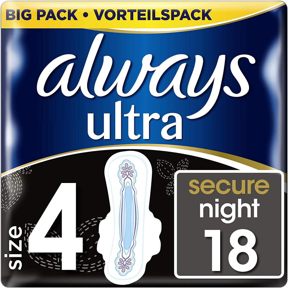 Always Ultra Secure Night Sanitary Pads with Wings Size 4 (10 Packs of 18)