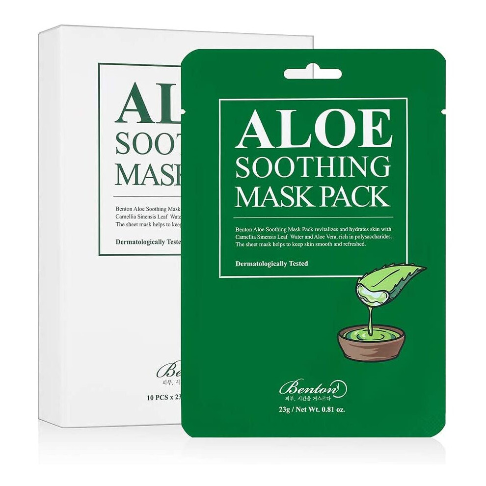 Benton Green Aloe Soothing Mask Pack 23G 10 Pack - Aloe & Tea Leaf Water Contained Hydrating And Cooling Facial Mask Sheet, Fresh Moisturizing And