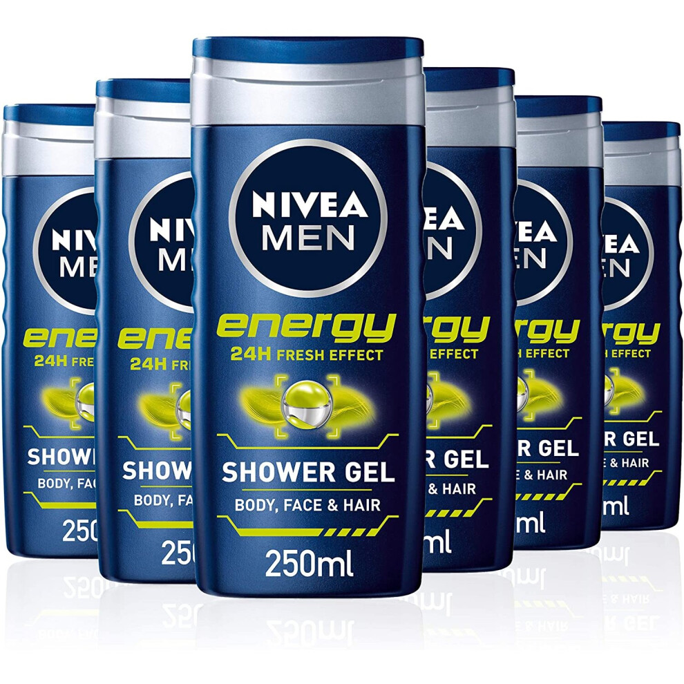 NIVEA Men Shower Gel Energy, Pack of 6 (6 x 250 ml), Energising Body Wash with Mint Extract, All-in-1 Shower Gel for Men, NIVEA Men Shower Gel with