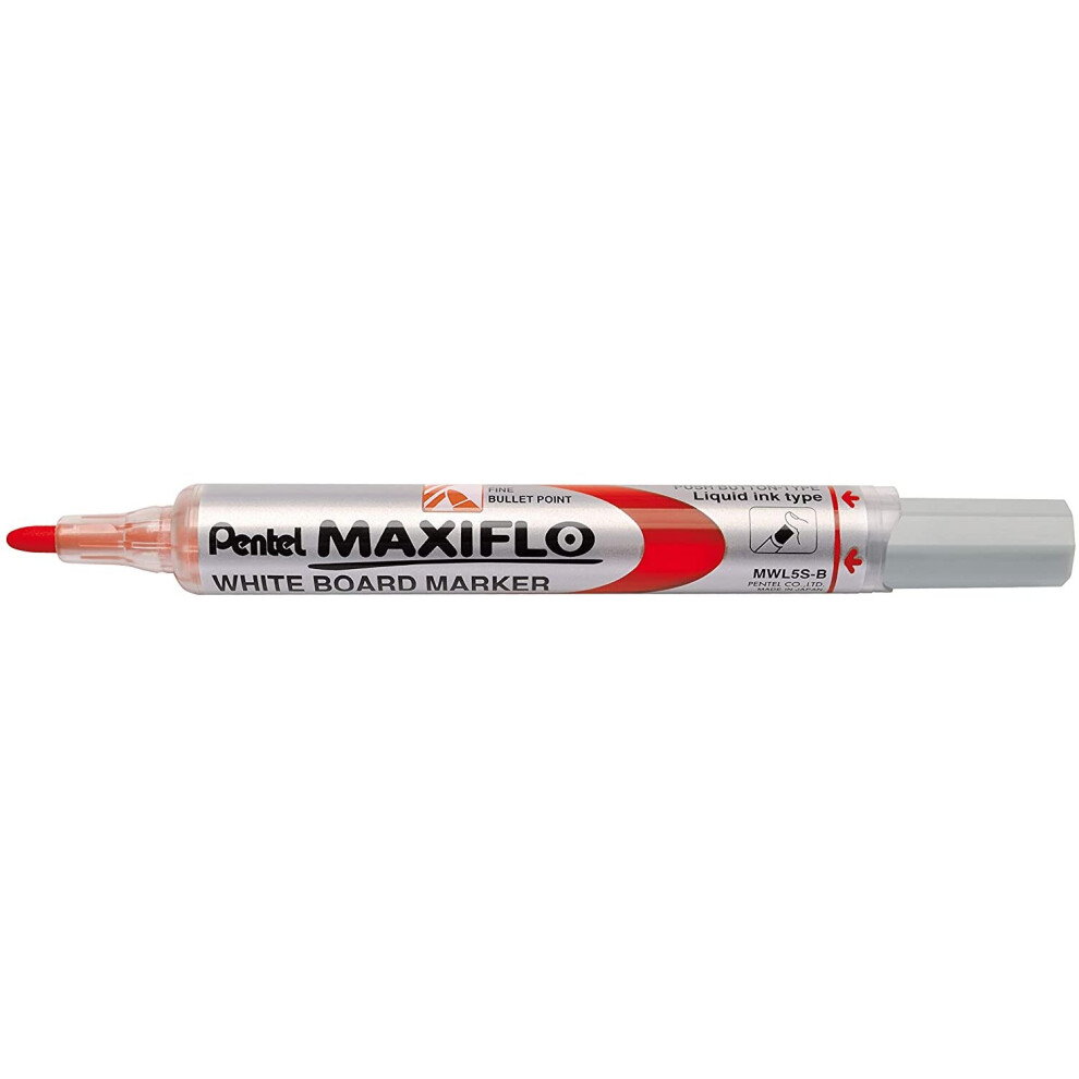 Pentel Maxiflo Whiteboard Marker, Fine Bullet Point, Red Ink, (Pack of 12)