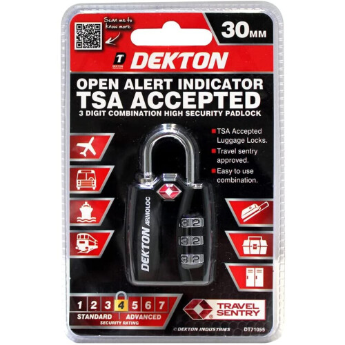 DEKTON DT71055 (SR4) 30mm TSA Approved Combination Padlock, Black 1