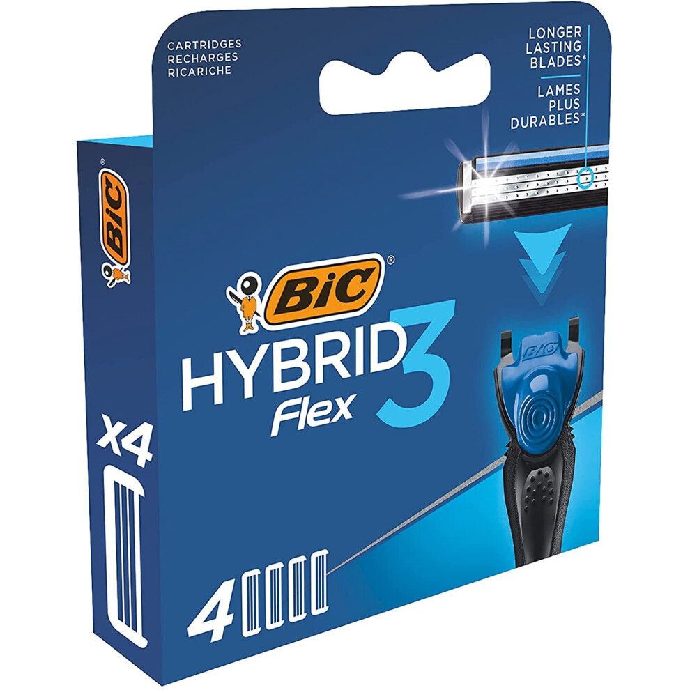 Bic Hybrid 3 Flex Men's Razor Refills With 3 Nano-Tech Titanium Moveable Blades - Box Of 4 Cartridges