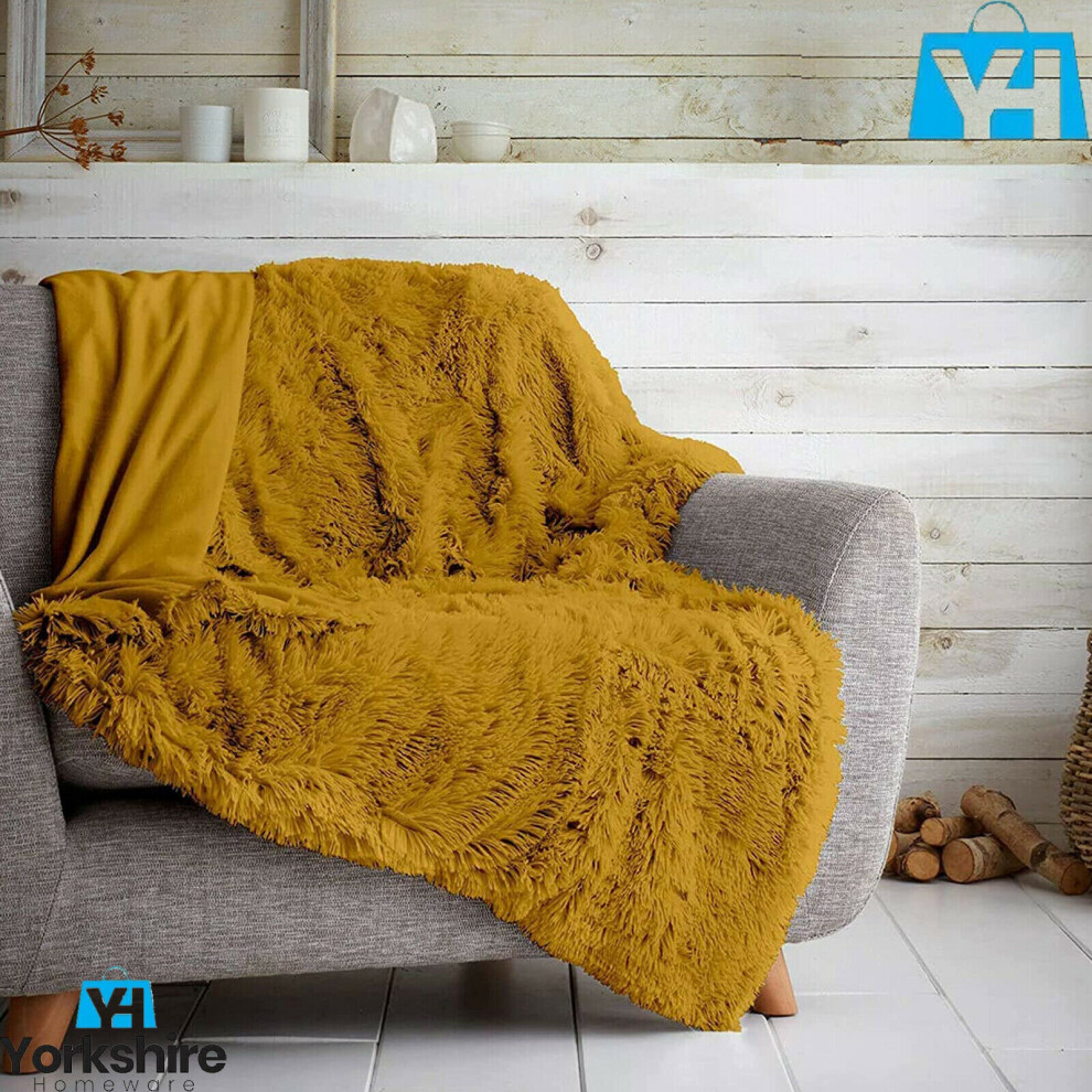 (Ochre) Long Pile Fleece Fluffy Teddy Faux Fur Soft & Cuddly Blankets Camping Throws