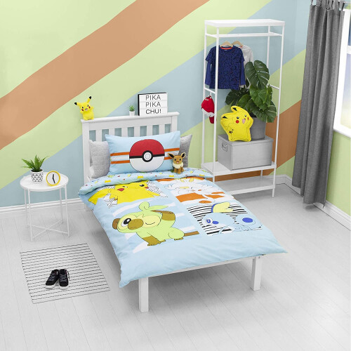 Pokemon Jump Single Duvet Cover | Featuring Pikachu, Grookey, Scorbunny, and Sobble Inc | Officially Licensed Blue Polycotton Reversible Two Sided