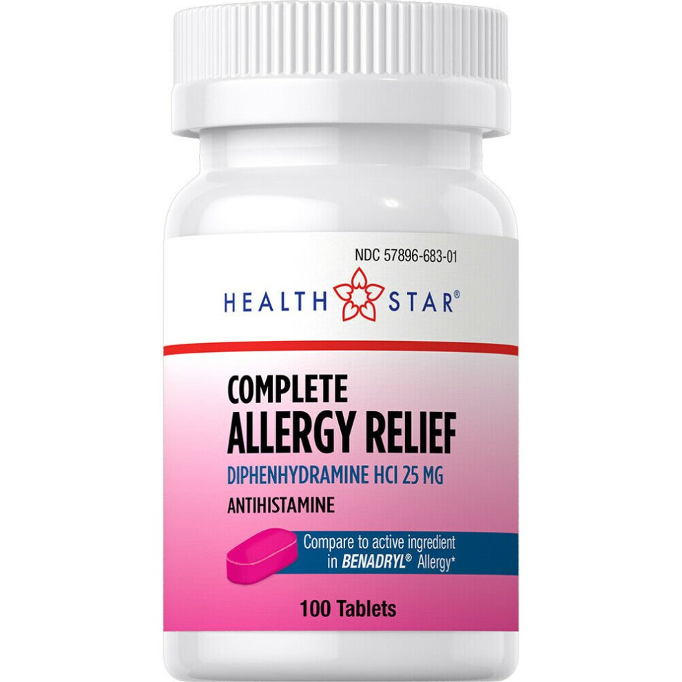 Health Star Complete Allergy Relief 25mg 100 tablets Antihistamine Diphenhydramine