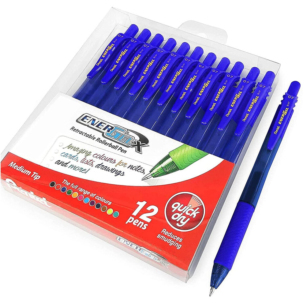 Pentel Energel X BL107 Retractable Gel Rollerball Pens - 0.7mm - Blue - Wallet of 12