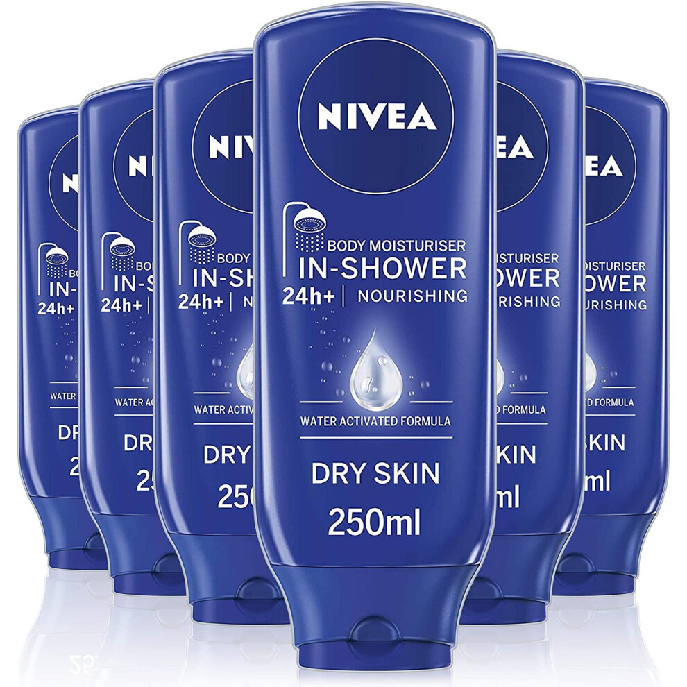 NIVEA In-Shower Body Moisturiser Nourishing for Dry Skin Pack of 6 (6 x 250ml), Body Moisturiser for Use in the Shower, Moisturiser for Women with