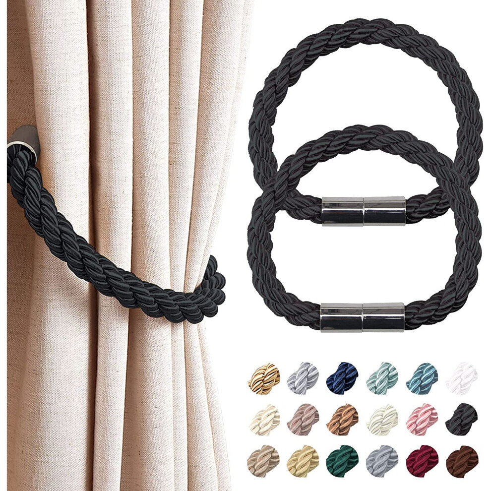 ( 2 Pack, Black) Strong Magnetic Curtain Tiebacks Modern Simple Style Drape Tie Backs Convenient Decorative Weave Rope Curtain Holdback