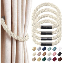 (4 Pack, Beige) Strong Magnetic Curtain Tiebacks Modern Simple Style Drape Tie Backs Convenient Decorative Weave Rope Curtain Holdback