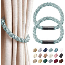 ( 2 Pack, Blue-grey) Strong Magnetic Curtain Tiebacks Modern Simple Style Drape Tie Backs Convenient Decorative Weave Rope Curtain Holdback