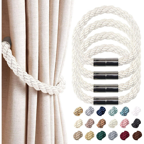 (4 Pack, Creamy-white) Strong Magnetic Curtain Tiebacks Modern Simple Style Drape Tie Backs Convenient Decorative Weave Rope Curtain Holdback