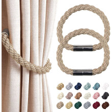(4 Pack, Khaki) Strong Magnetic Curtain Tiebacks Modern Simple Style Drape Tie Backs Convenient Decorative Weave Rope Curtain Holdback