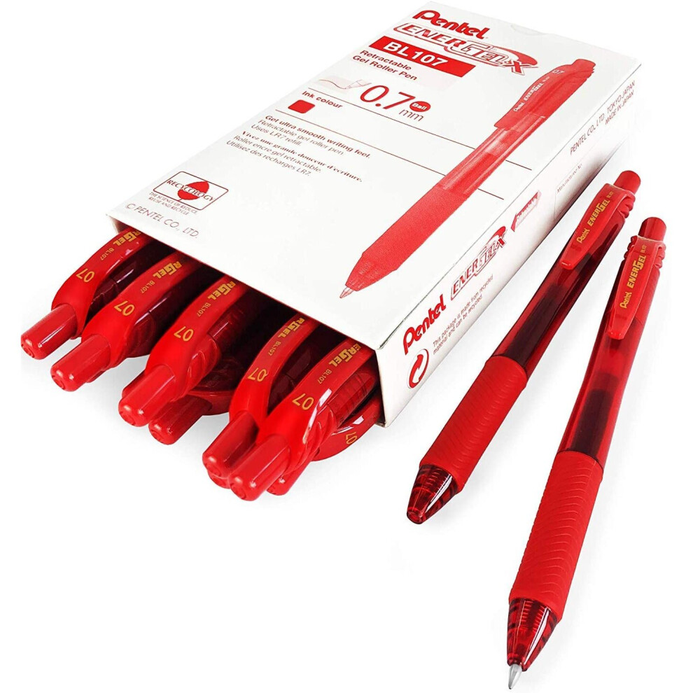 Pentel Energel X BL107 Retractable Gel Rollerball Pens - 0.7mm - Red Ink - Pack of 12