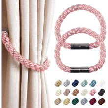 (4 Pack, Pink) Strong Magnetic Curtain Tiebacks Modern Simple Style Drape Tie Backs Convenient Decorative Weave Rope Curtain Holdback