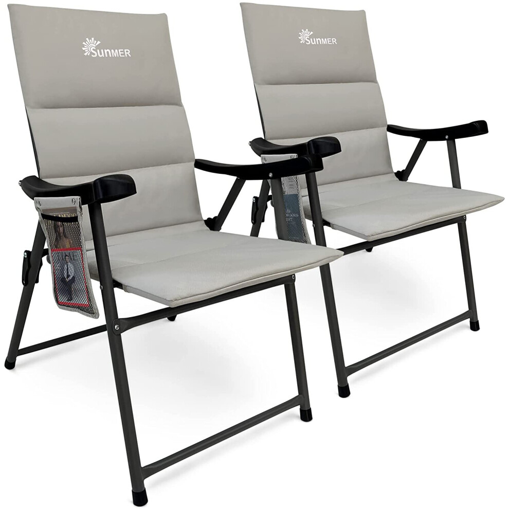 SUNMER Set of 2 Padded Folding Garden Chairs with Side Pocket - Grey