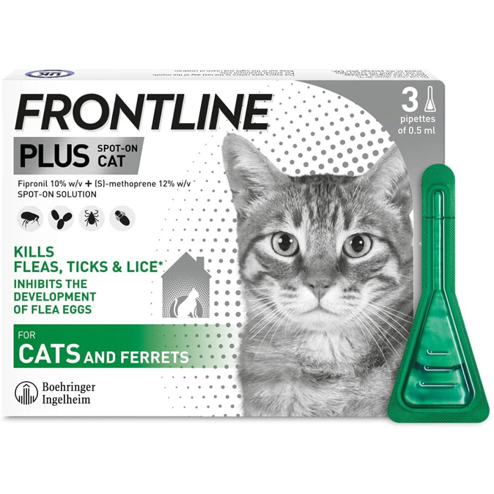 (3 Pipettes) Cats FRONTLINE Plus Flea & Tick Treatment- 3 Pipettes