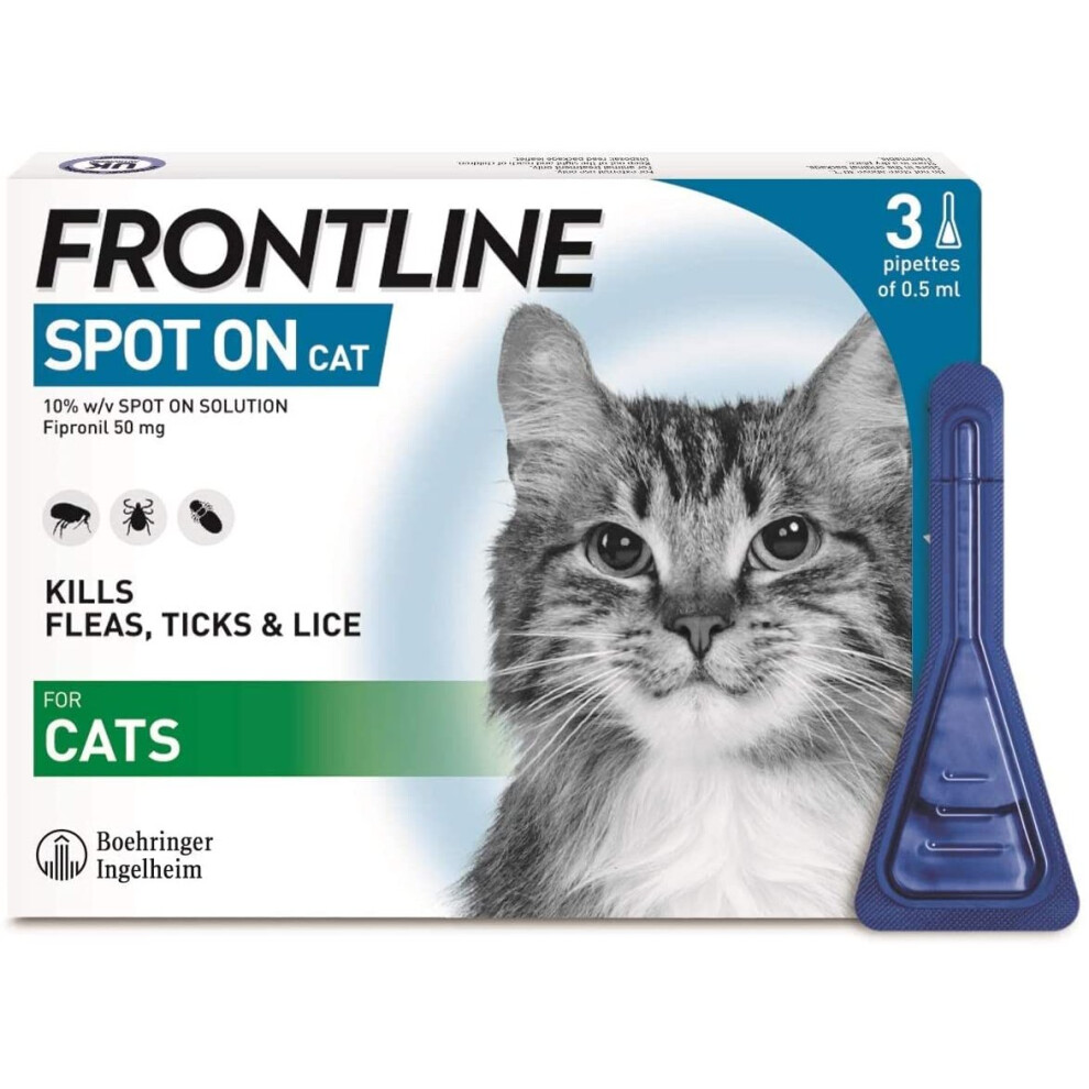 (3 Pipettes) For Cats FRONTLINE Spot On Flea & Tick Treatment - 3 Pipettes