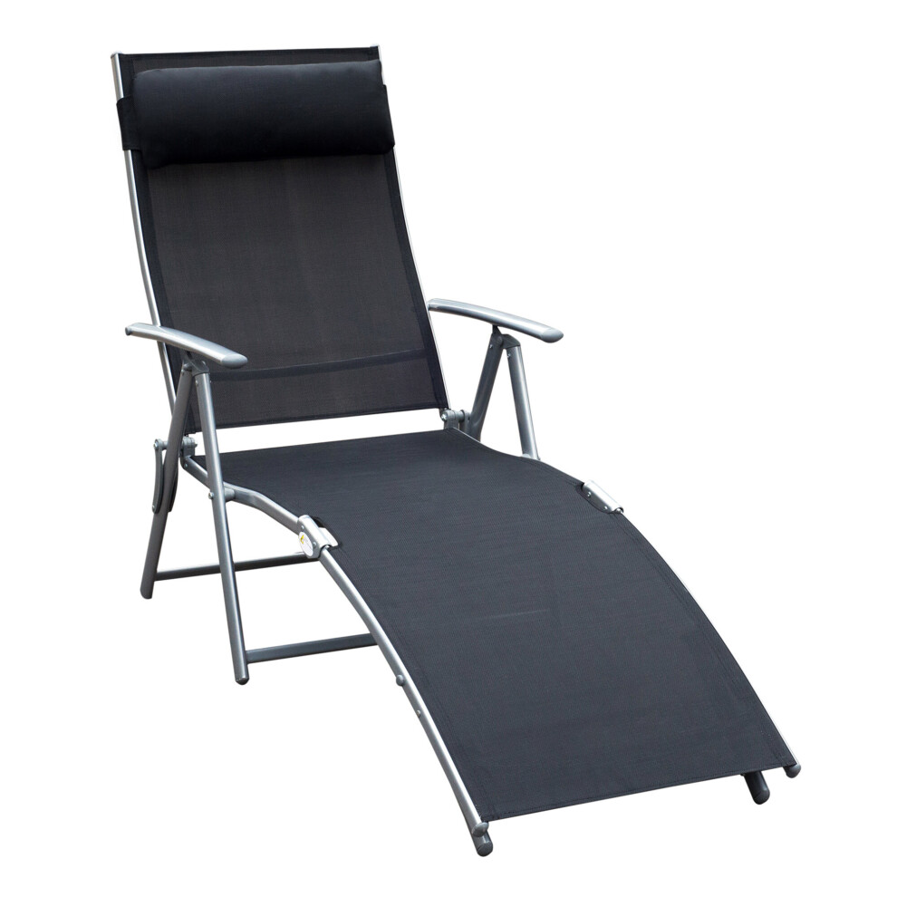 Outsunny Sun Lounger Recliner w/ Pillow Foldable 7 Levels Textilene Black