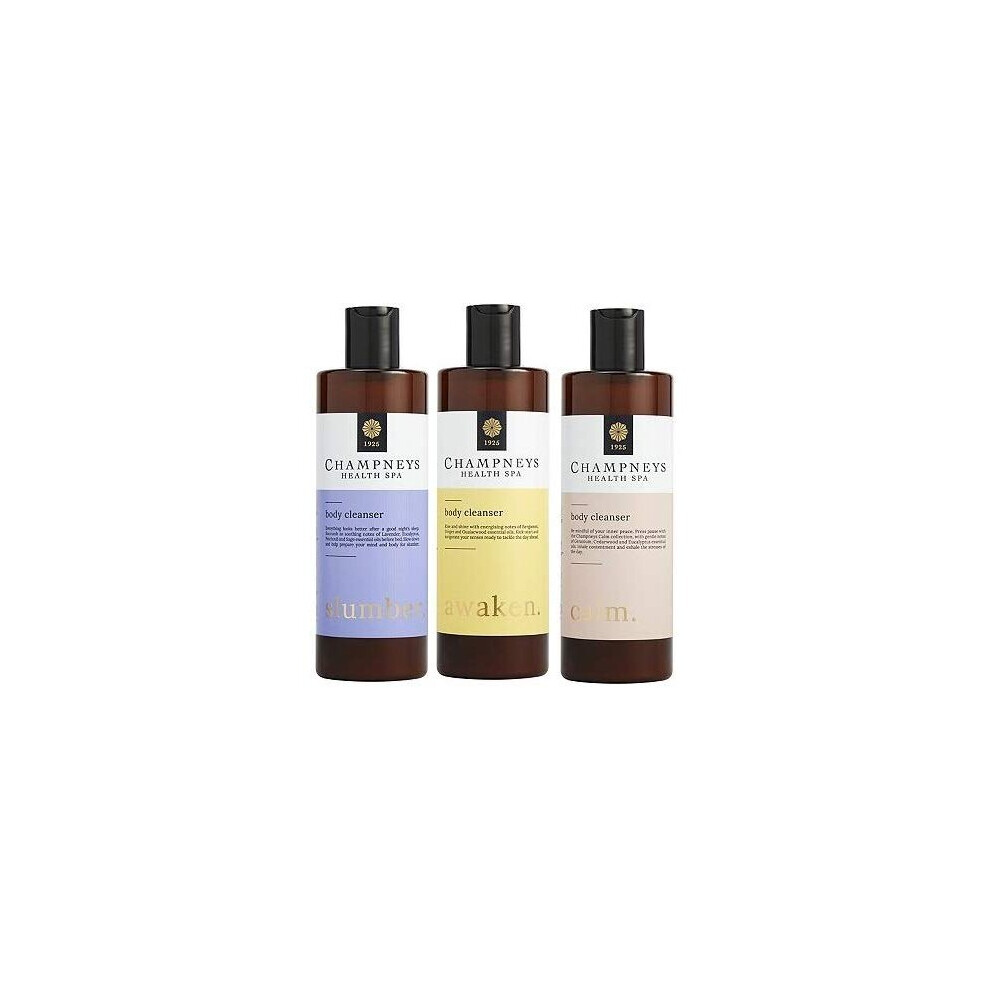 (Pack of 3) Champneys Awaken, Slumber & Calm Body Cleanser x 350ml Bergamont, Lavender, Patchouli, Cedarwood, Geranium essential oil notes