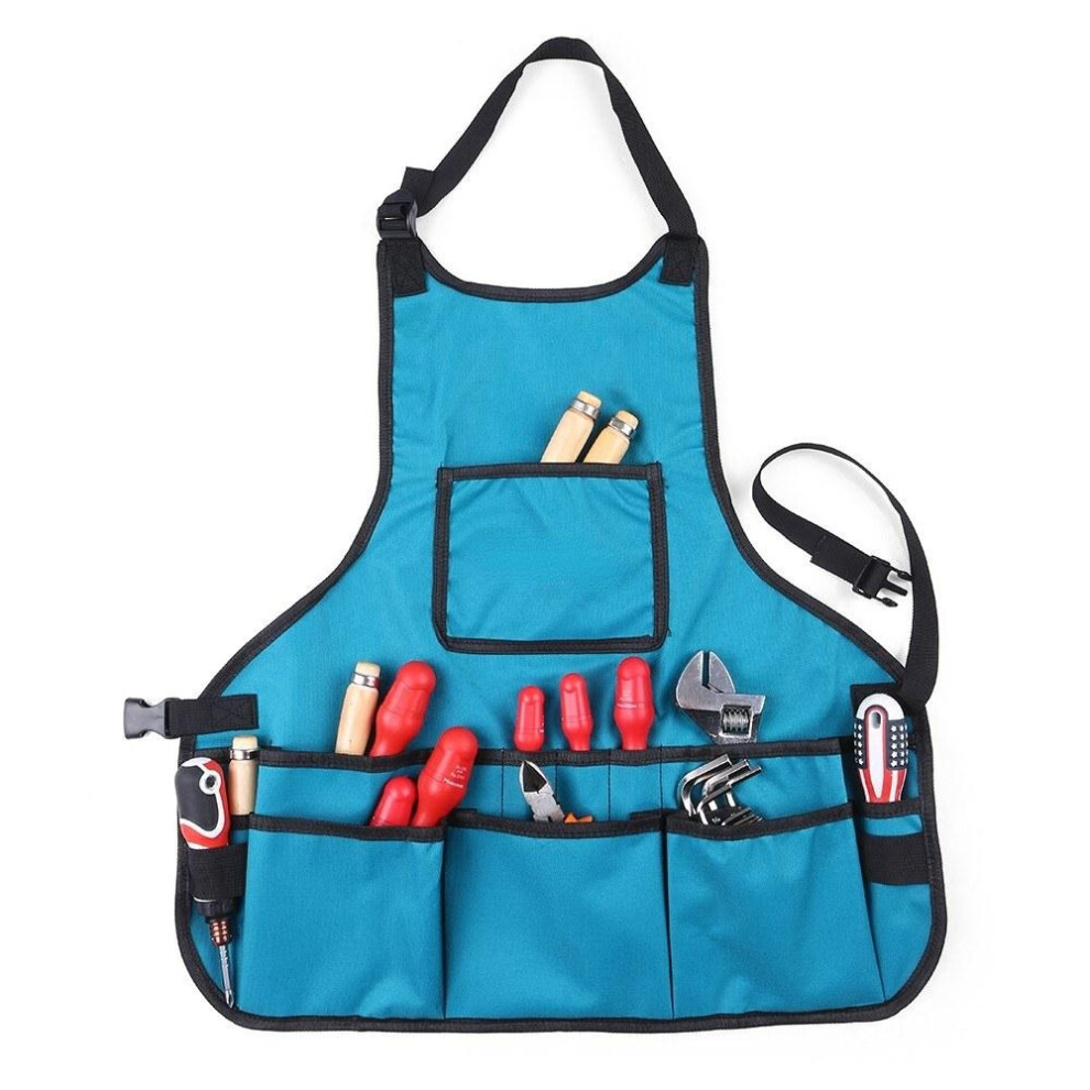 (Blue) Waterproof Canvas Gardening Tool Apron Tools Bag with Pockets Adjustable Size