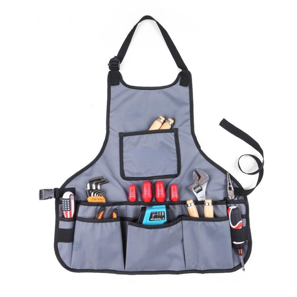 (Grey) Waterproof Canvas Gardening Tool Apron Tools Bag with Pockets Adjustable Size