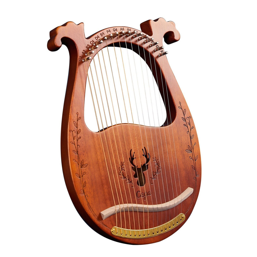 (Coffee) 16-String Wooden Lyre Harp Resonance Box String Instrument with Tuning Wrench 3pcs Picks
