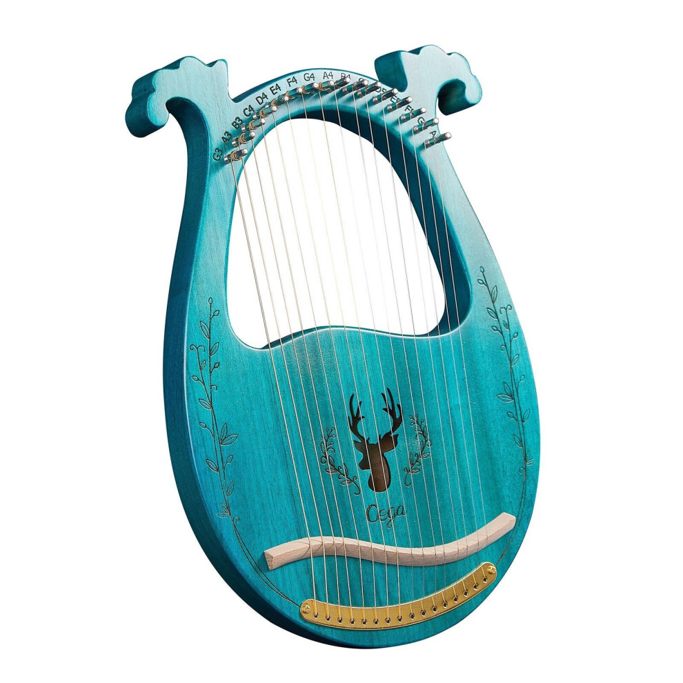 (Blue) 16-String Wooden Lyre Harp Resonance Box String Instrument with Tuning Wrench 3pcs Picks