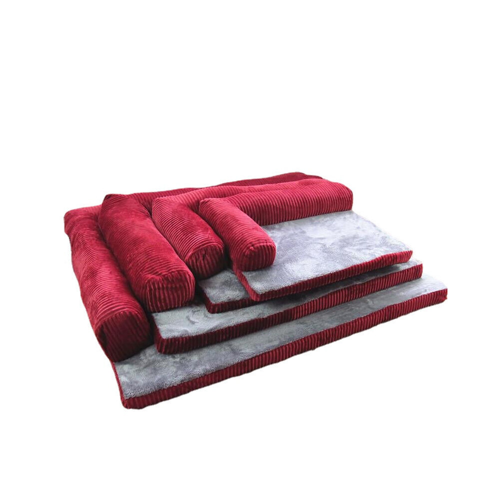 (Red, S) Corduroy Bolster Pet Dog Sofa Bed Puppy Fleece Mat