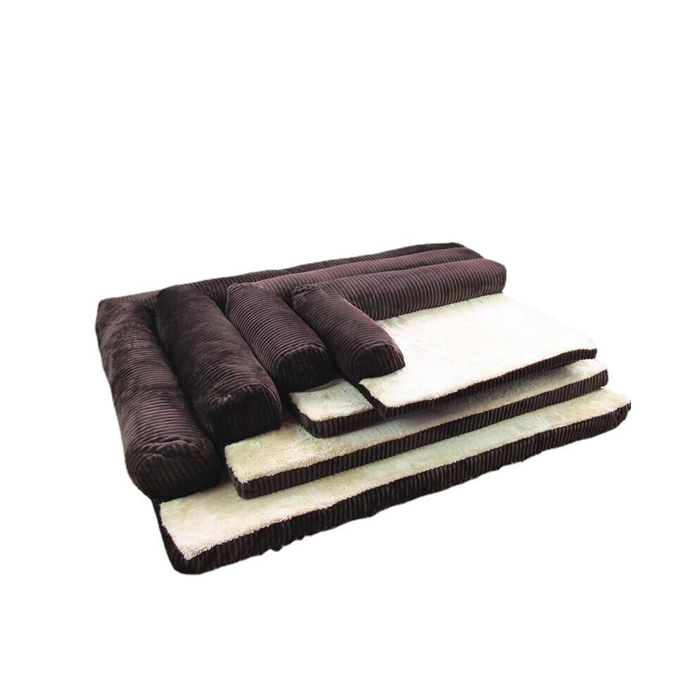 (Coffee, L) Corduroy Bolster Pet Dog Sofa Bed Puppy Fleece Mat-image-OPC-P8YWDJH-NEW