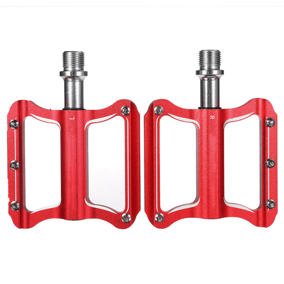 (Red) Bike Pedals Anti-slip Mountain Road Platform Aluminum Alloy Flat 1 Pair