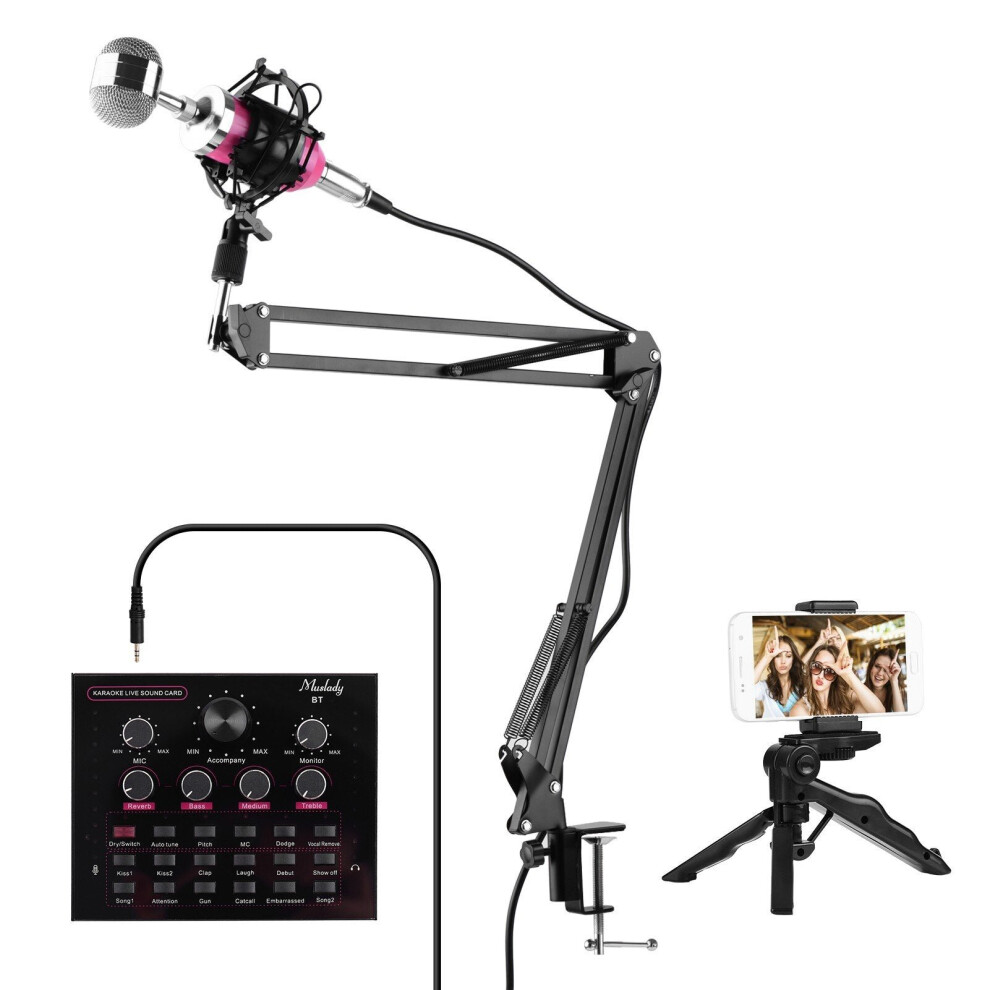 (Pink) Live Sound Card + Professional Condenser Microphone Kit