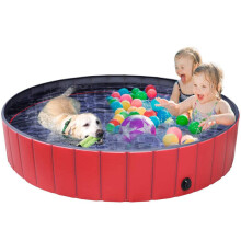 (Red) Pet Pool PVC Foldable Paddling Pool Pet Bathtub Folding Basin For Dogs Cats Shower Swimming