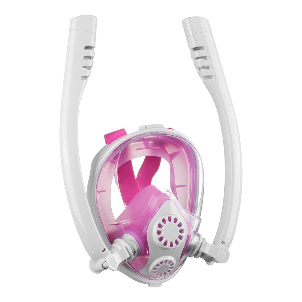 (White Pink, L/XL) Antifog Double Tube Full Face Snorkel Scuba Diving Mask Swim Breathing Goggles With Camera Mount