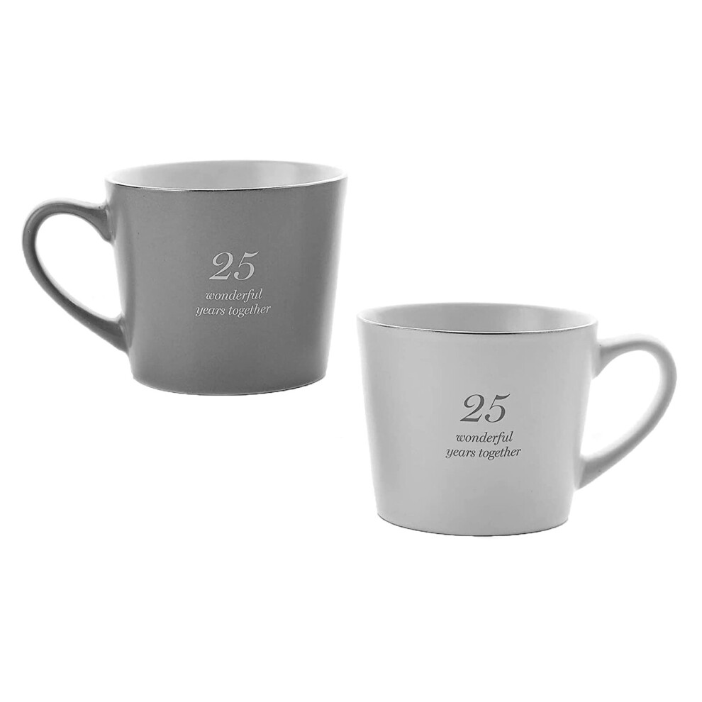 Amore Set of 2 Grey & White Tea Coffee Mugs 25th Anniversary Gift