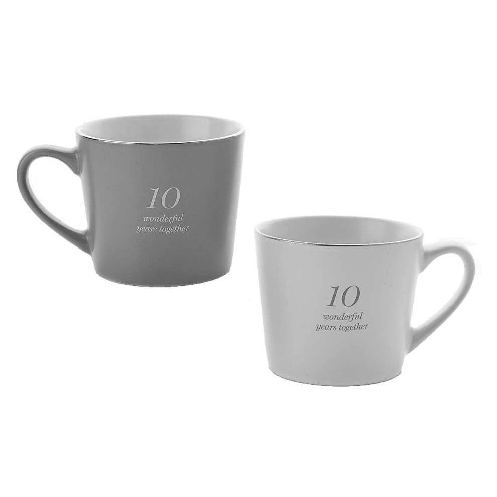 Amore Set of 2 Grey & White Tea Coffee Mugs 10th Anniversary Gift