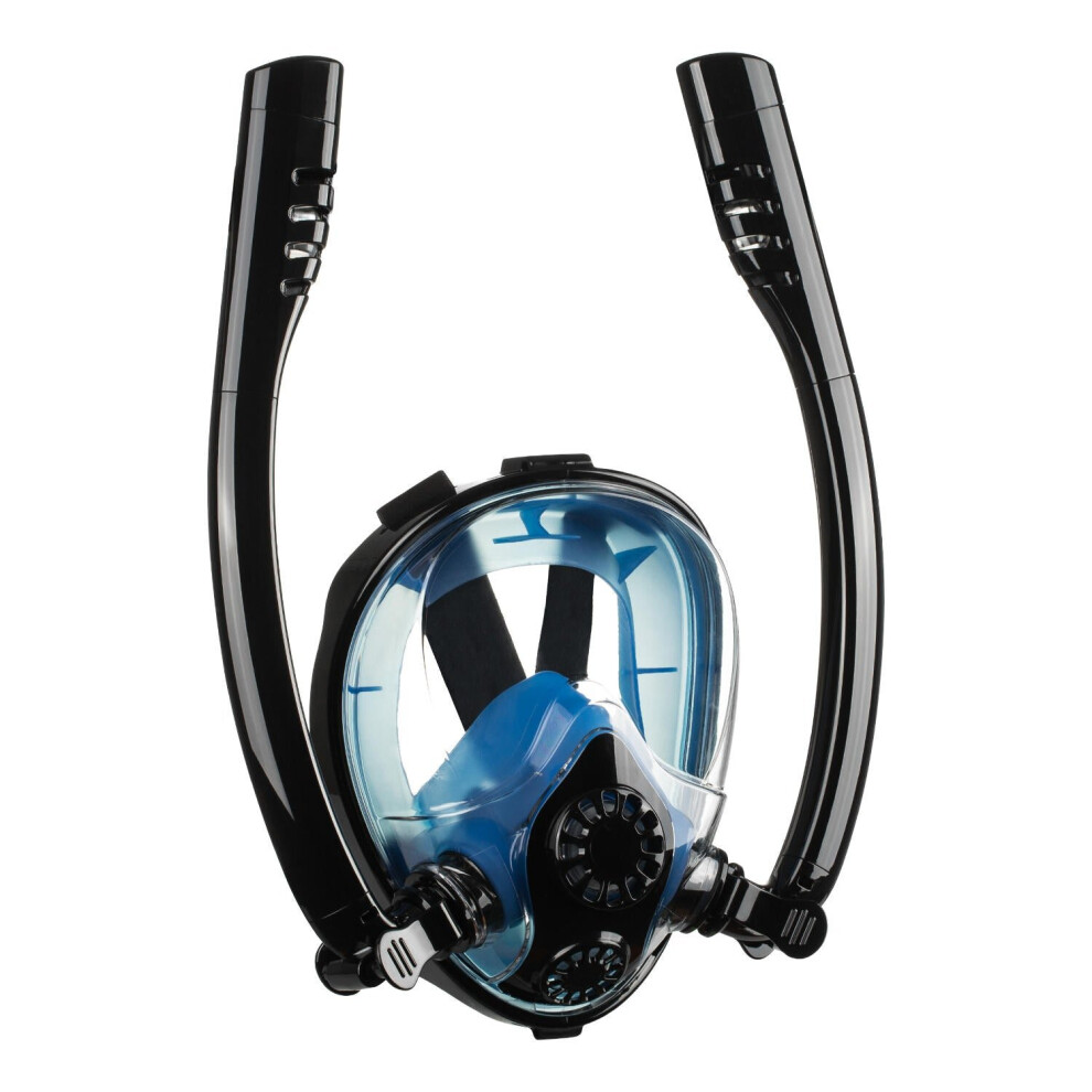 (Black Blue, S/M) Antifog Double Tube Full Face Snorkel Scuba Diving Mask Swim Breathing Goggles With Camera Mount