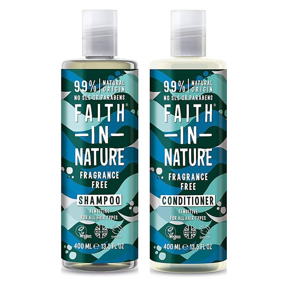 Faith in Nature Natural Fragrance Free Shampoo & Conditioner Set, Sensitive Vegan & Cruelty Free, Parabens and SLS Free, for All Hair Types, 2 x 400ml