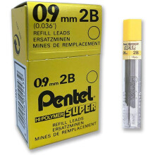 Pentel Super Hi-Polymer Leads, 0.9mm, Grade 2B, 1 tube of 15 leads