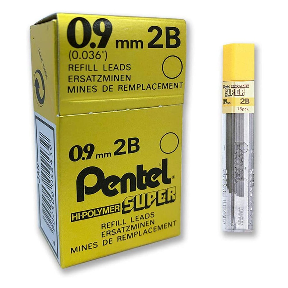 Pentel Super Hi-Polymer Leads, 0.9mm, Grade 2B, 1 tube of 15 leads