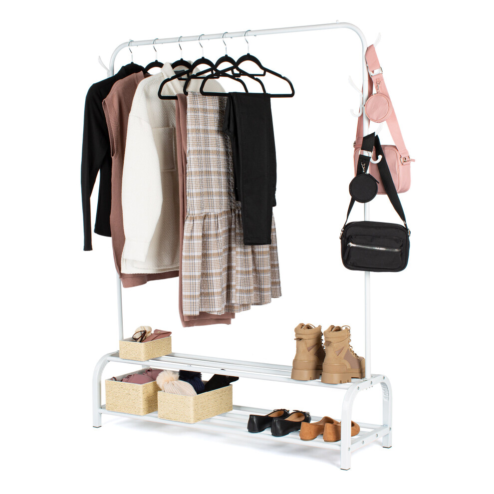 (WHITE) Freestanding Clothes Rail with Shoe Rack & Hooks