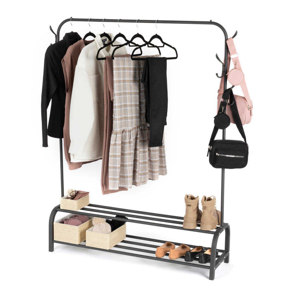 (BLACK ) Freestanding Clothes Rail with Shoe Rack & Hooks
