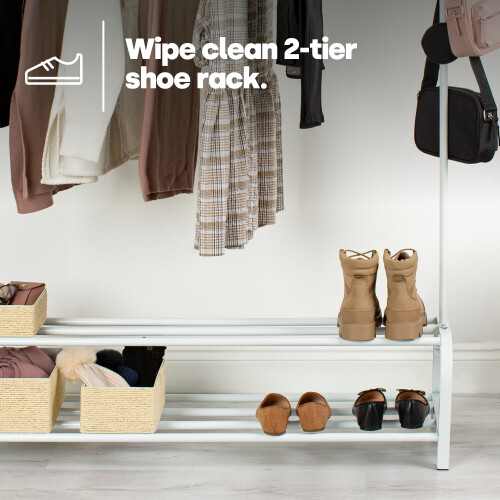 LIVIVO (WHITE) Freestanding Clothes Rail with Shoe Rack & Hooks 2